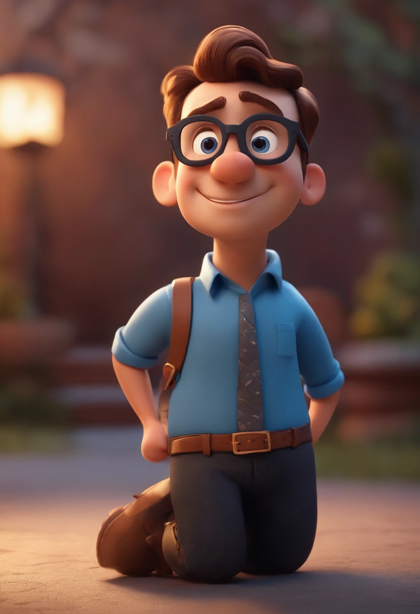 Cartoon character of a man wearing black glasses and a blue shirt, um personagem animado, Caractere estilizado, animation style rendering, 3D estilizado, Arnold Maya render, 3 d render stylized, toon render keyshot, Personagem 3D, Personagem 3D, 3d rendering stylized, 3 d character render, personagem de desenho animado, Personagem de close up, Pose de personagem, (Estilo Pixar) (master part:1.2) (Bokeh) (best quality) (pele detalhada) (textura detalhada) (8k) (argila) (Cinematic lighting) (foco nítido，Senta e vaza a parte superior do corpo