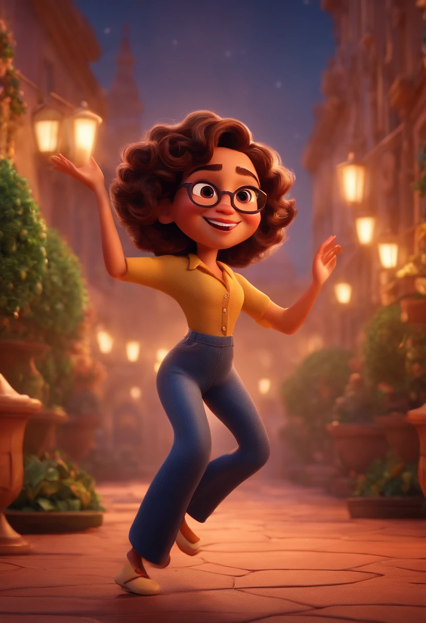 Pixar style image with 3D character white glasses brunette woman short curly hair dancing, Maquiagem Disney,Pescador, bonitinho, sorridente ,Close-up, Pixar, Disney, Cinema lighting,