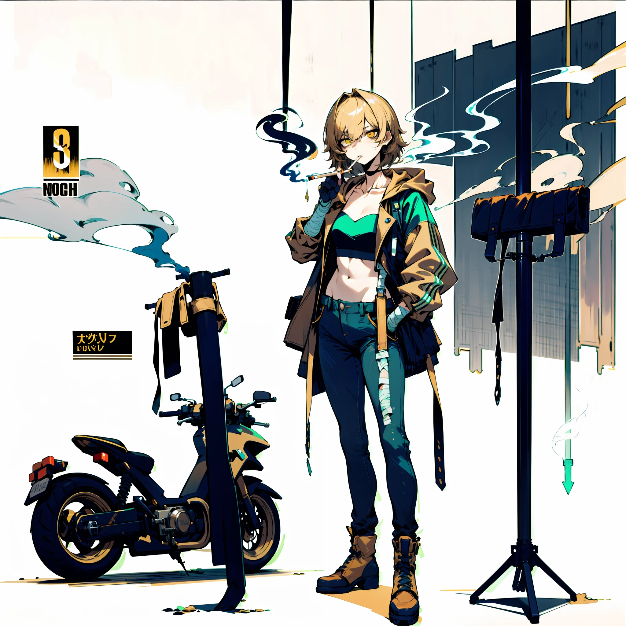 Blue coat，hooding，Green bandeau，Wearing motorcycle gloves，Brown jeans，Short beige hair，Bandages wrapped around his head，The expression is serious，There are a lot of injections in the satchel，Smoking cigarettes，Full body like，A pistol hung from his waist，Stand up，Golden eyes，Lots of detail，illustration，CG，quadratic element，high qulity，tmasterpiece，Cyberworld，jk style，smoking girl，bags under eyes,eyeliner,makeup