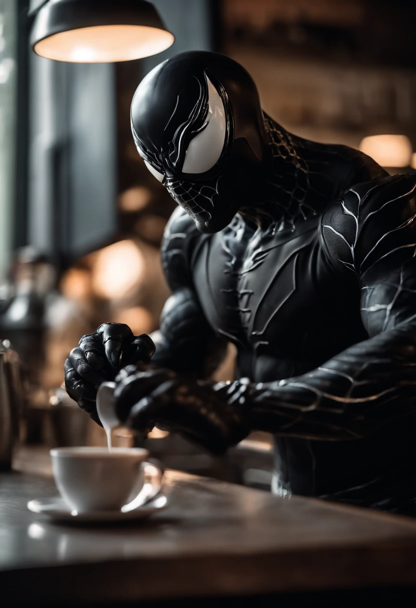 Venom working as a barista, serving coffee, hyper detail, crystal clear image