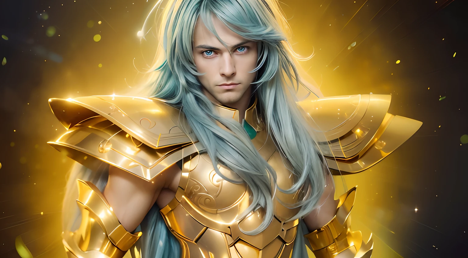 (masterpiece), (realistic) , close up portrait of a man, (male), 35 years old, Swedish, (1boy), solo, serious, looking at viewer, pretty handsome man, ((pretty big blue eyes), wearing an medieval armor, (full body armor), (golden armor), chrome gold, (detailed armor), (ornate armor), long straight ight blue hair, (hair blowing in wind), (hair bangs), upper body, cosmic golden rain background, cinematic lighting, ((beardless)) ((perfect big green eyes)).