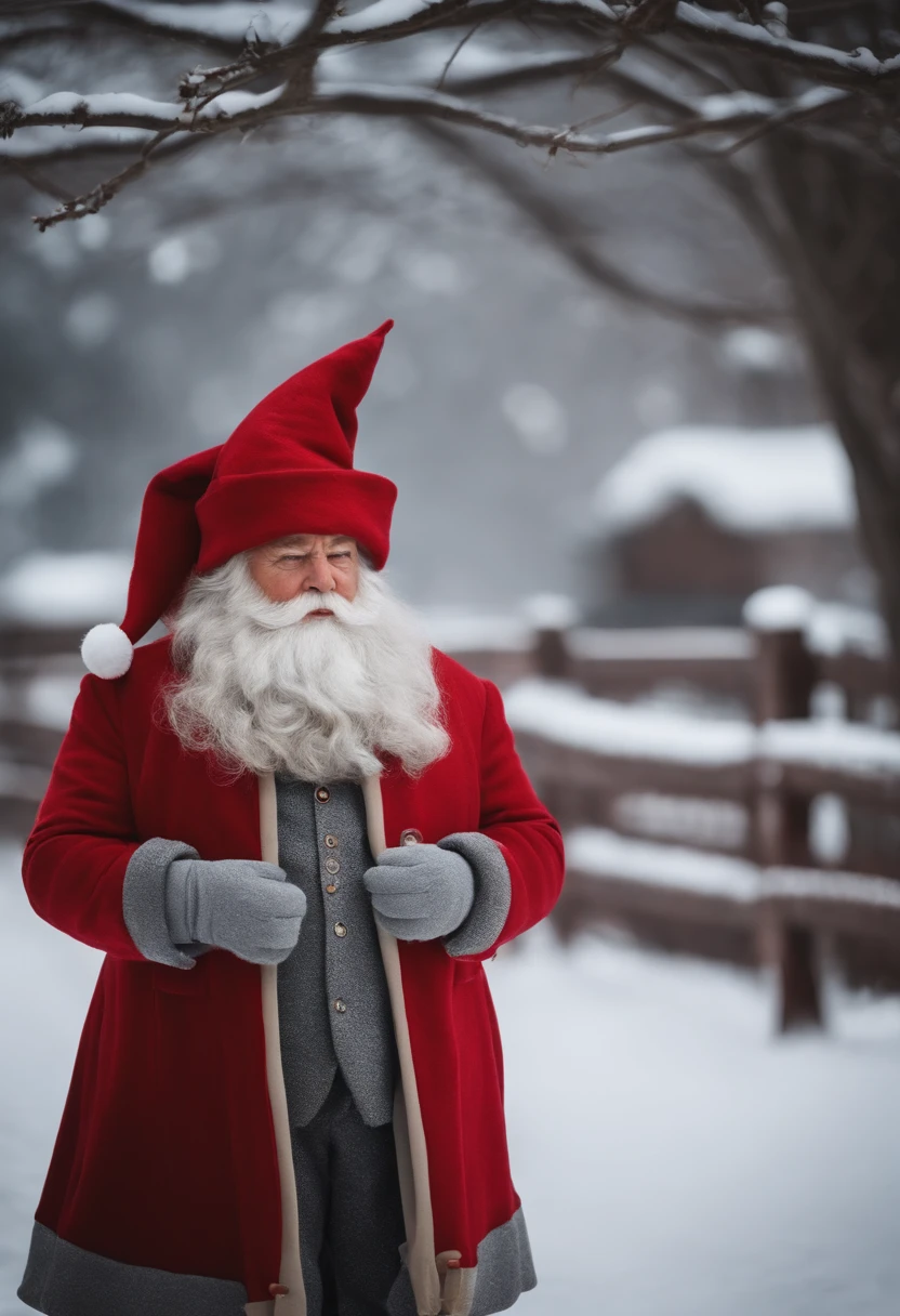 Create an older Christmas elf with a long red hat with white polka dots, a long gray beard, gray felt coat, white and gray striped pants, boots and red gloves. Because he is small and chubby, his hat hides his eyes, leaving only his round nose showing. coat without hat, without showing your eyes, disney style