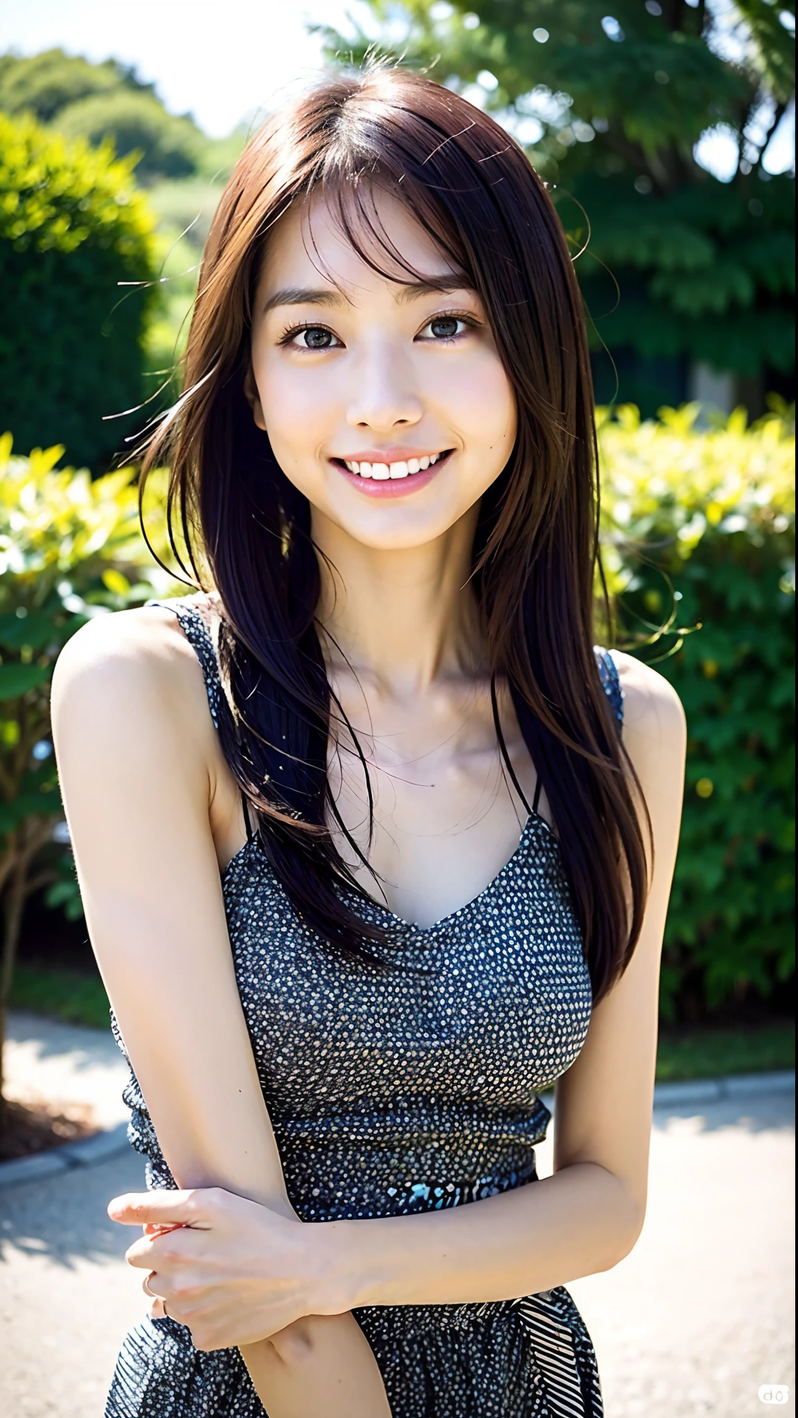 In the park, a simple young girl sits quietly on a bench, her black hair naturally falling on her shoulders, only gently fluttering when the slight breeze blows. She looks very comfortable wearing a long blue dress, and the loose design of the skirt allows her body to breathe freely and looks very natural. Her skin is smooth and soft, white as jade, and looks even more fresh in the sun. Big breasts, smiling