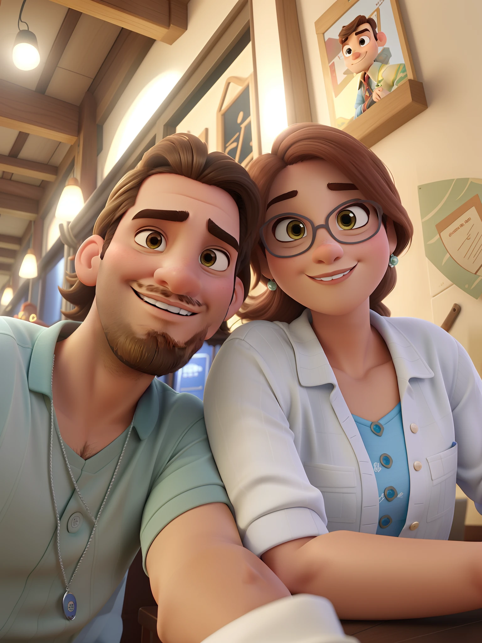 Casal estilo disney pixar melhor qualidade alta qualidade. Homem moreno cabelo comprido crespo barba e mulher loira olhos azuis cabelos longos lisos