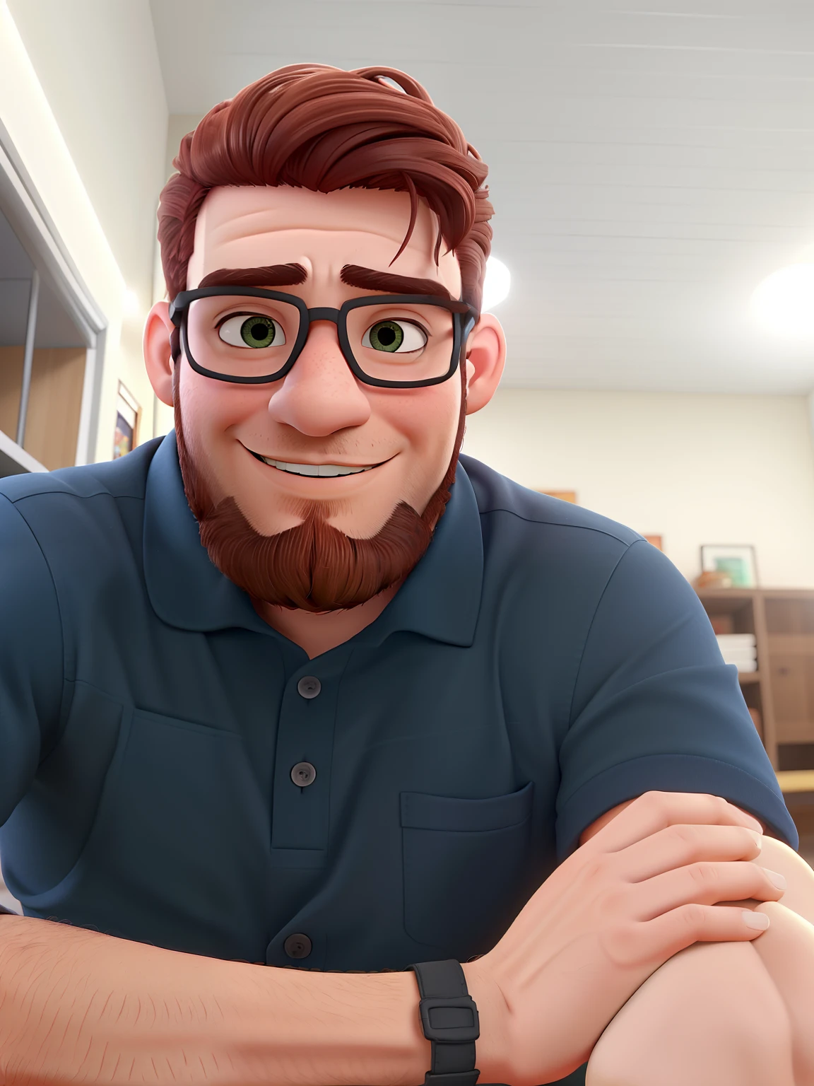 Um homem moreno com cabelo curto e barba grisalha, olhos castanhos mais gordinho