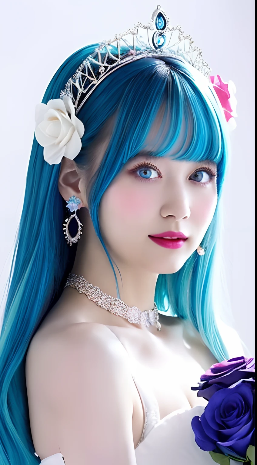 ( ✌:1.5) 1girl, flower, bouquet, white hair, blue flower, hair ornament, blue eyes, dress, solo, rose, smile, long hair, blue rose, holding bouquet, white dress, holding, looking at viewer, butterfly, open mouth, multicolored hair, bug, gradient hair, sleeveless, blush, crown, white background, very long hair, blue hair, :d, virtual youtuber, bangs, hair flower, bare shoulders, earrings, hairclip, jewelry, sleeveless dress, simple background, choker, veil, ribbon, mini crown ,torino aqua,ski style