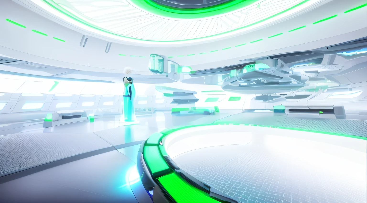 A futuristic woman with short white hair,Immerse yourself in a white-green futuristic space, Hologram menu,Suspension for new energy vehicles,virtual set, Virtual metaverse space, stood inside a futuristic lab, virtual reality metaverse engine,