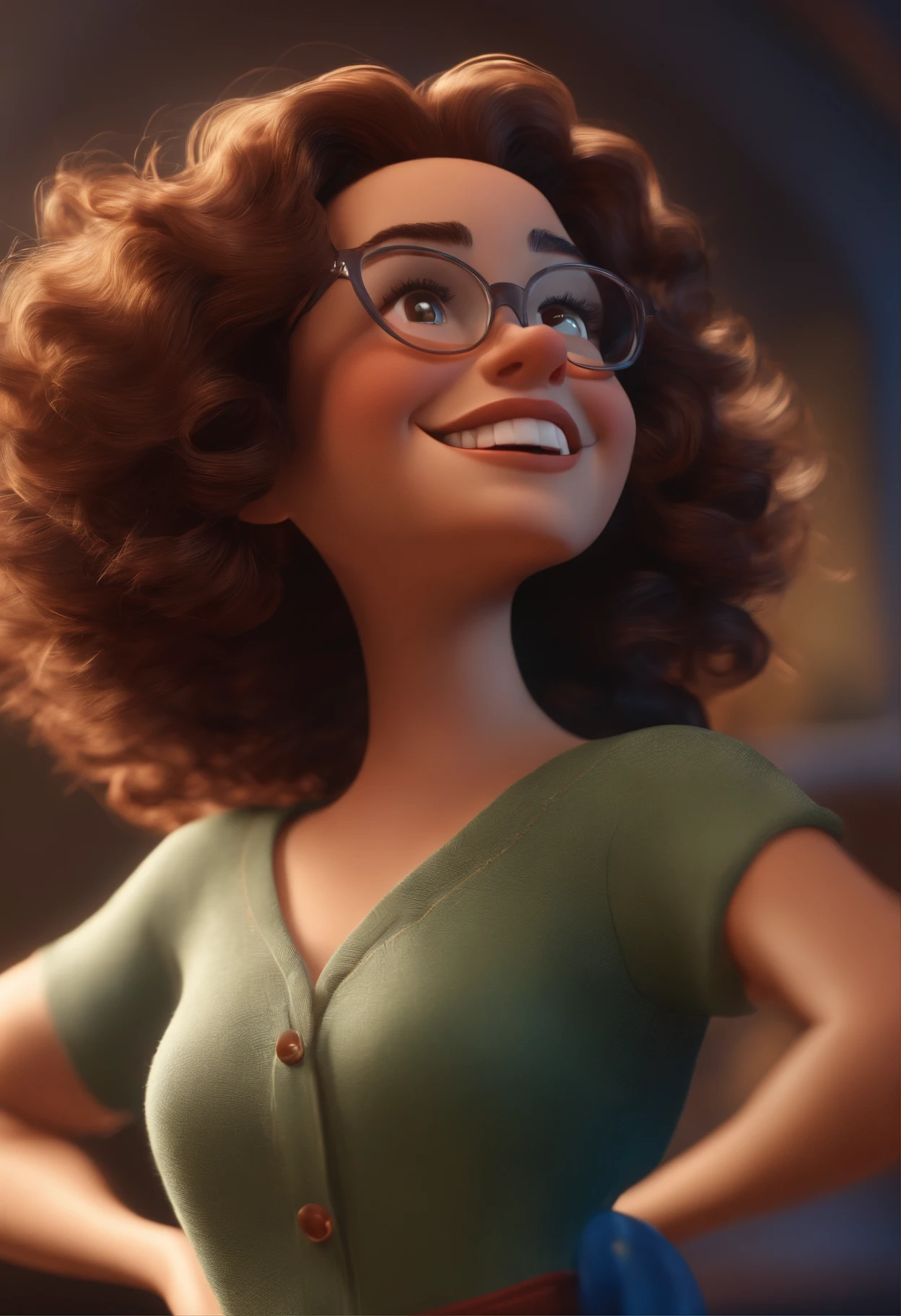 Pixar style image with 3D character white glasses brunette woman short curly hair dancing, Maquiagem Disney,Pescador, bonitinho, sorridente ,Close-up, Pixar, Disney, Cinema lighting,