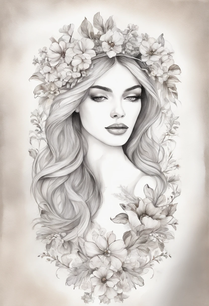 (Handmade sketch) atraente, arte de linha intrincada e muito detalhada, Watercolor illustration of a woman's head with ornaments made of flowers, Viewing angle that shows everything down to the floral ornament on the head, Quimono floral, cor tetradica, olhos castanhos escuros coloridos e muito detalhados, Olhos bonitos, hazelnut eyes, cabelos pretos, cabelos longos lisos e brilhantes, imagem perfeitamente centrada, (fundo branco com respingo de aquarela), Foco na linha do rosto, ((aquarela gotejante)) contornos de tinta, 32k, Qualidade Superior