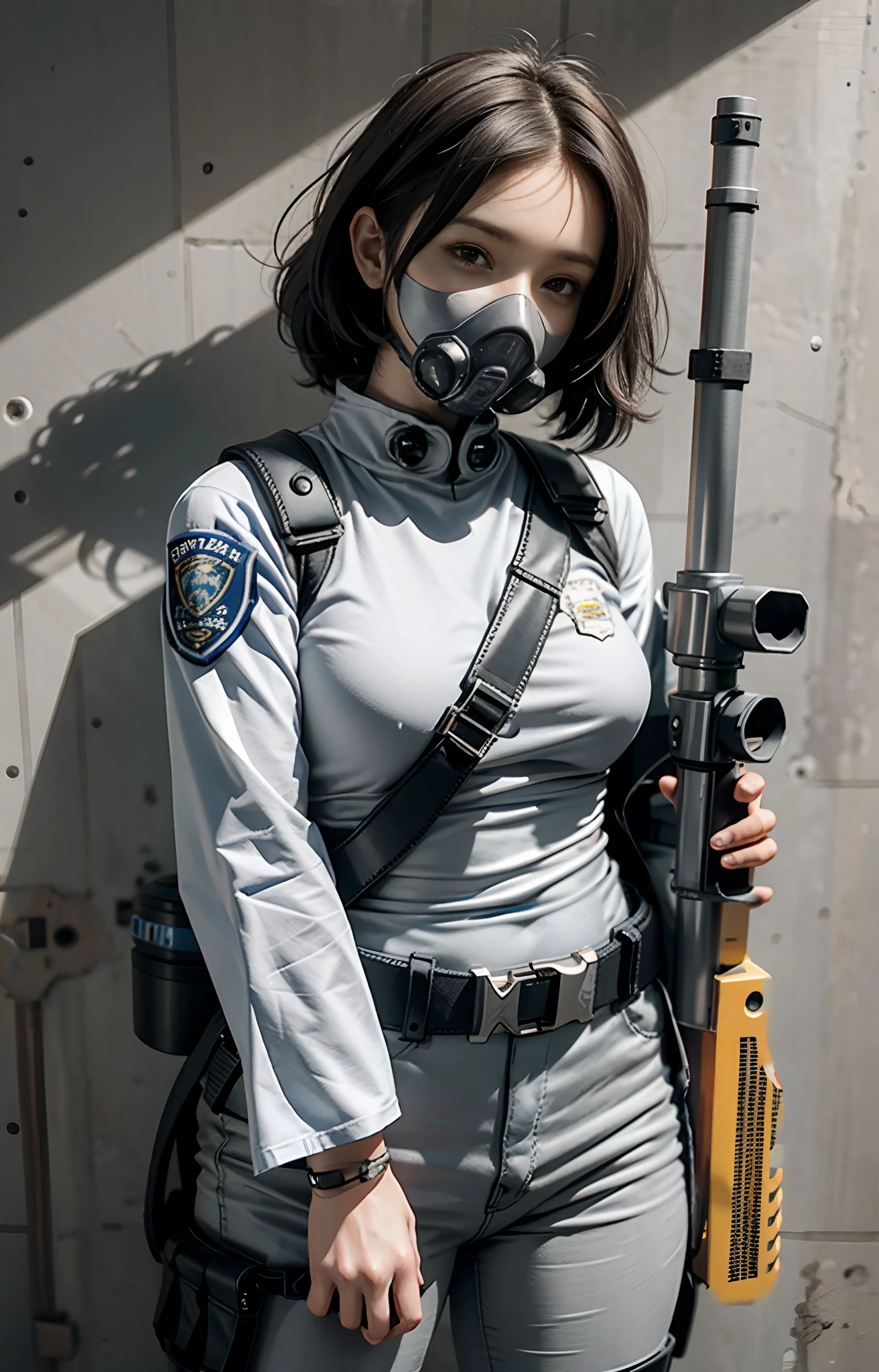 Highest image quality, outstanding details, ultra-high resolution, (realism: 1.4), ((close up:0.75)), highly condensed 1lady, with beautiful and a delicate face, perfect proportion, (chubby:0.3, small breasts), (cloths color base ratio black:0.4 white:0.5 other-color:0.1), (wearing rash-guard likes police uniform, black and gray mecha, wearing high-tech heavy gasmask, military harness, holding a machinegun, carrying hich-tech-flamethrower -tank on back), captain, background simple gray wall,
