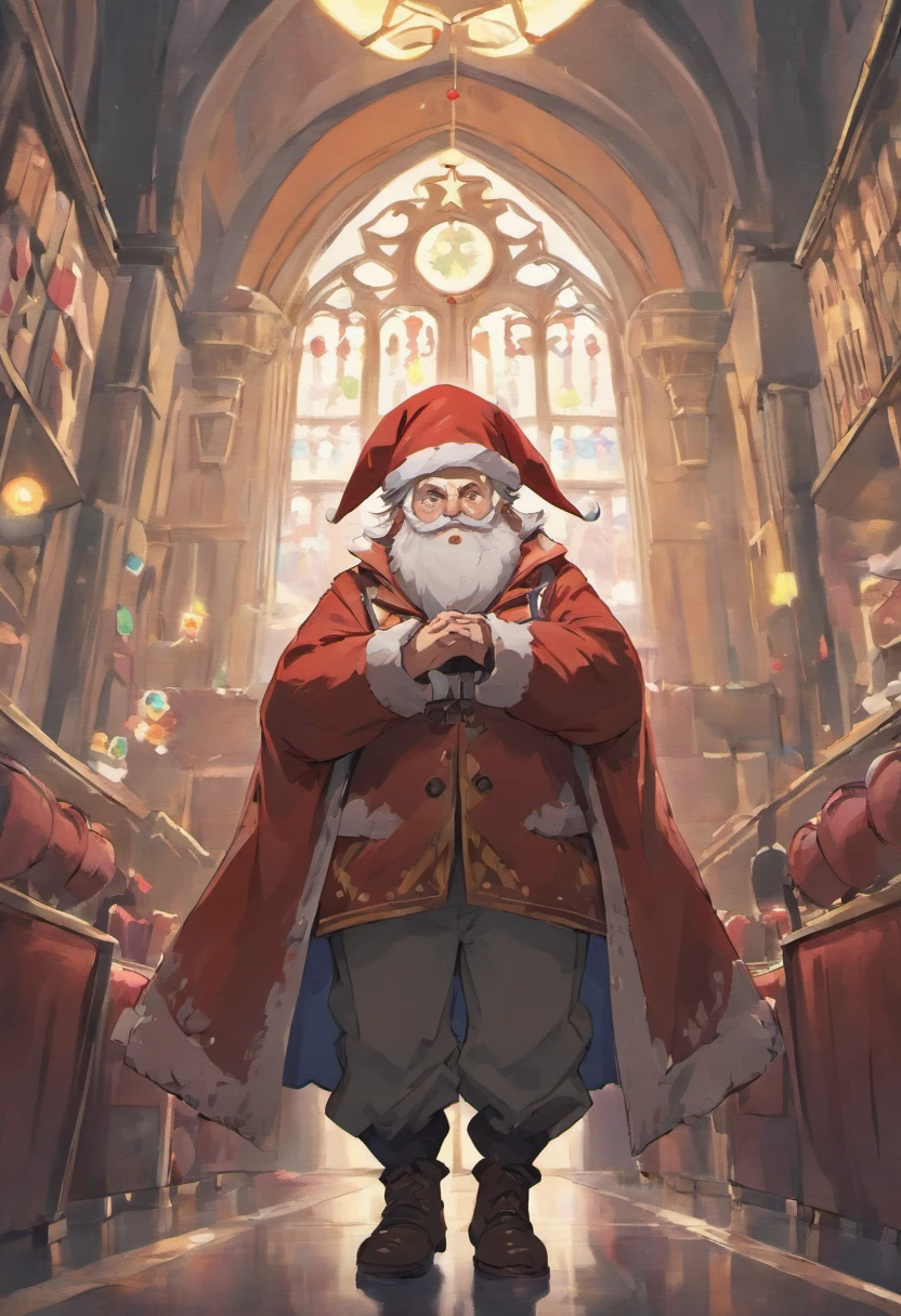 Create an older Christmas elf with a long red hat with white polka dots, a long gray beard, gray felt coat, white and gray striped pants, boots and red gloves. Because he is small and chubby, his hat hides his eyes, leaving only his round nose showing. coat without hat, without showing your eyes, disney style