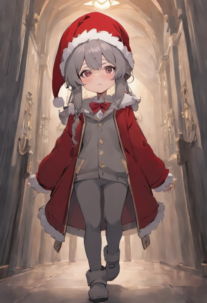 Create an older Christmas elf with a long red hat with white polka dots, a long gray beard, gray felt coat, white and gray striped pants, boots and red gloves. Because he is small and chubby, his hat hides his eyes, leaving only his round nose showing. coat without hat, without showing your eyes, disney style