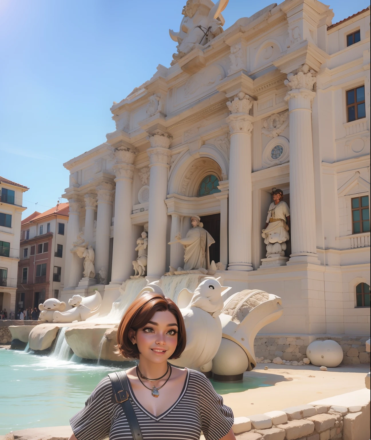 A woman with short curly hair, wearing a teal top and denim shorts, sitting in an ancient Roman city with classical architecture and statues.