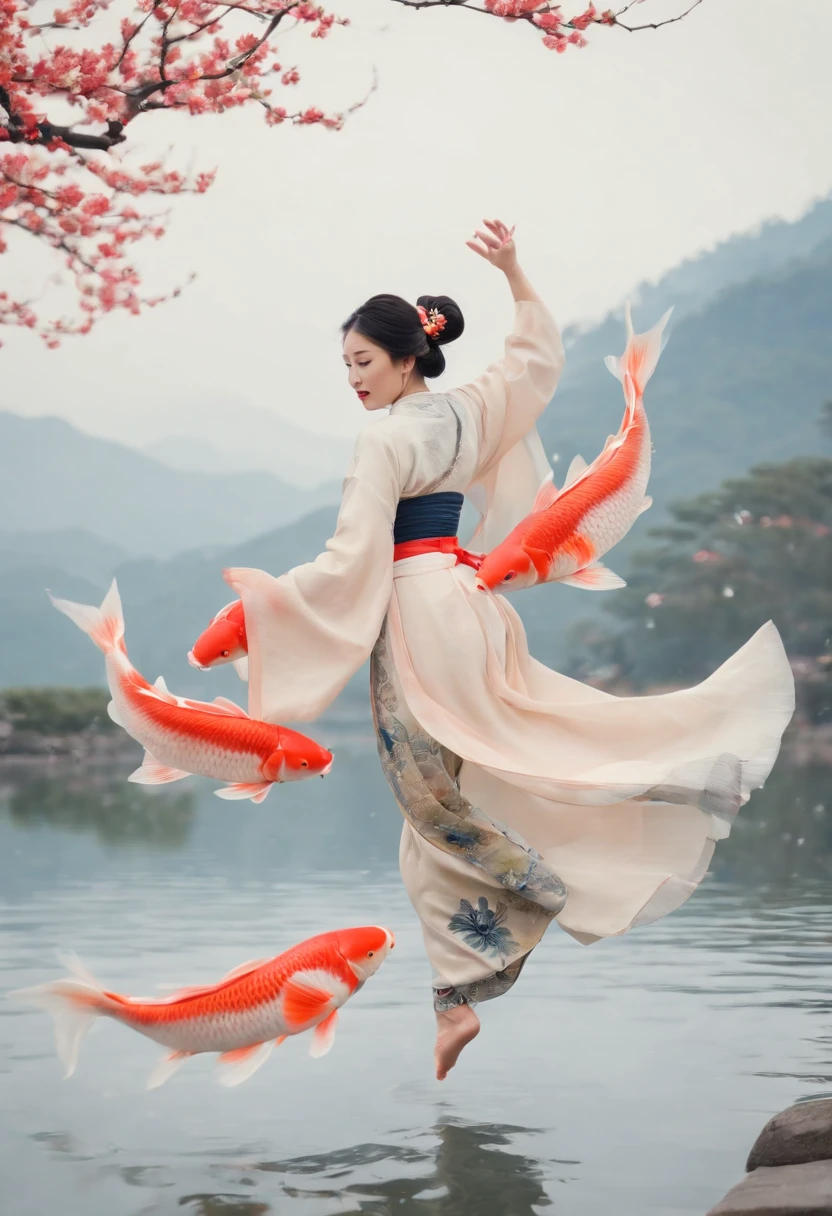 ukiyoe painting, Dancing Woman, (Floating carp), Flying carp、Dharma、vague、fox