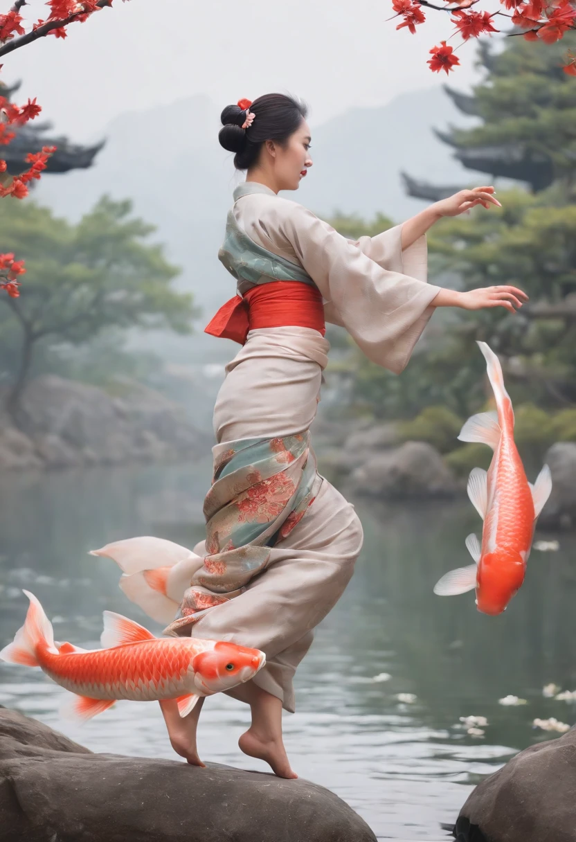 ukiyoe painting, Dancing Woman, (Floating carp), Flying carp、Dharma、vague、fox