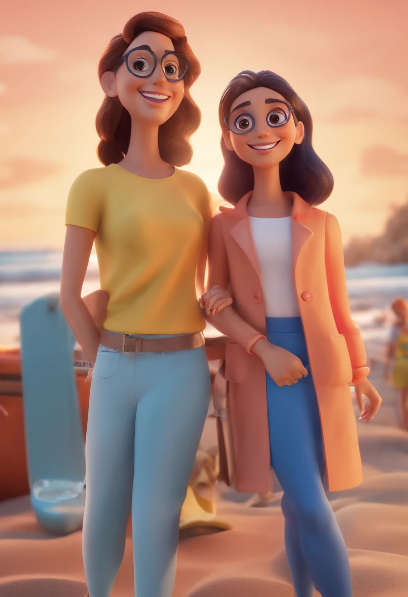 An illustration of two girls. A brunette girl with rounded glasses, sorridente e com cabelos cacheados na altura dos ombros, e a outra menina morena com  olhos caidos e cabelo cacheado na altura dos quadris. they're on a beach, cada uma com um sorriso no rosto, e compartilhar um momento especial caracterizado pelo amor, Insights. Illustrate this scene from a perspective where they are facing the camera, Smiling and Showing Your Connection. Desenvolva esta arte em Full HD, Focus on your cinematic touch, Estilo Disney Pixar Animations