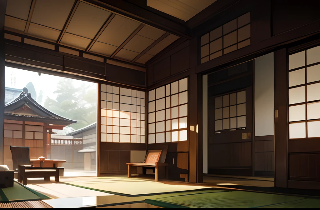 traditional japanese, japanese style, inspired by Sesshū Tōyō, japanese influences, modern japanese living room, inspired by Shūbun Tenshō, by Kanō Tan'yū, ryokans and edo era houses, ancient japanese architecture, japanese house
