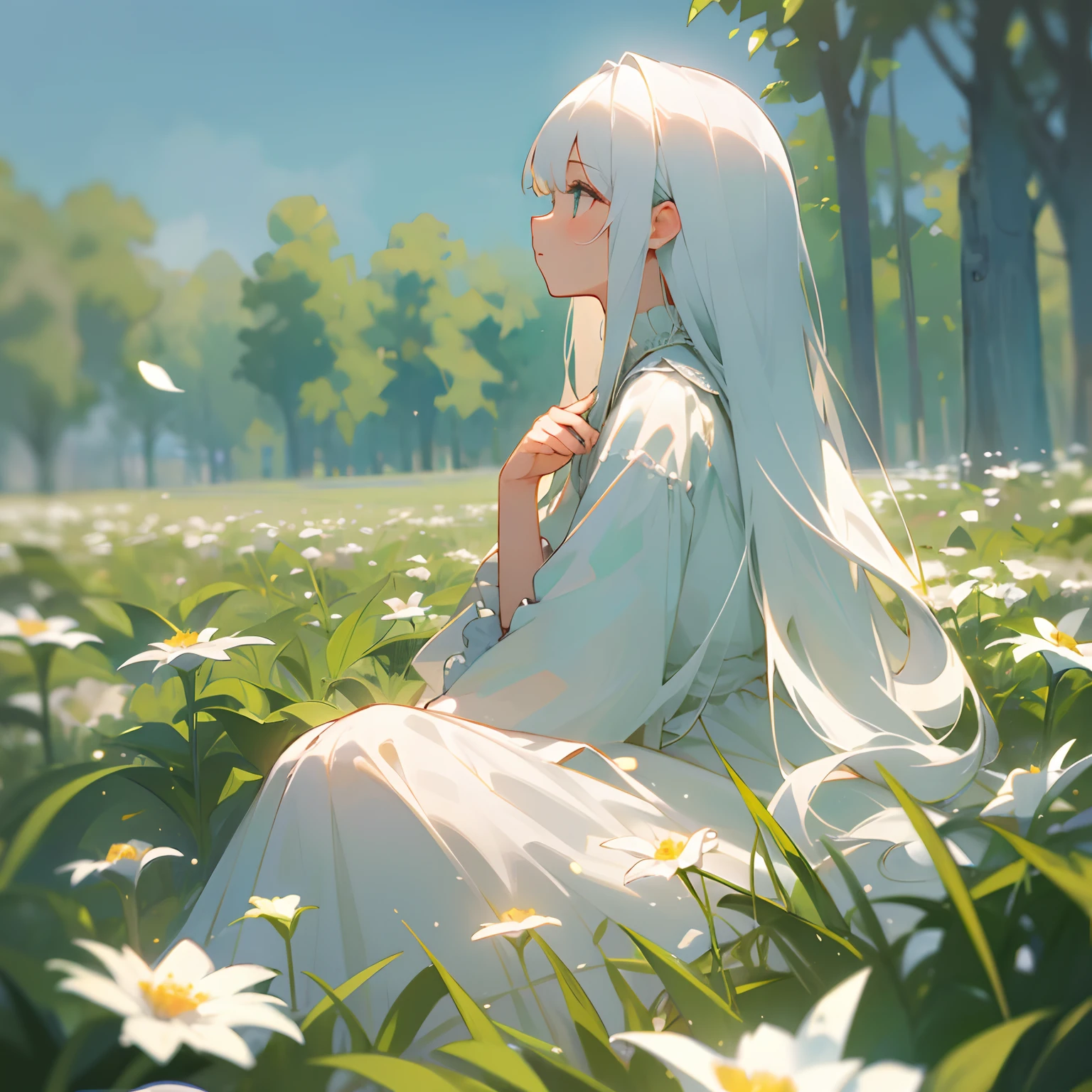 (masterpiece、top-quality)、One angel girl with long white hair sitting in a field of green plants and flowers、dress with white frills、look up to、Put your hands under your chin、Warm lighting、white clothes、blurred foreground、angelicales、Looking up at the sky、profile、from side