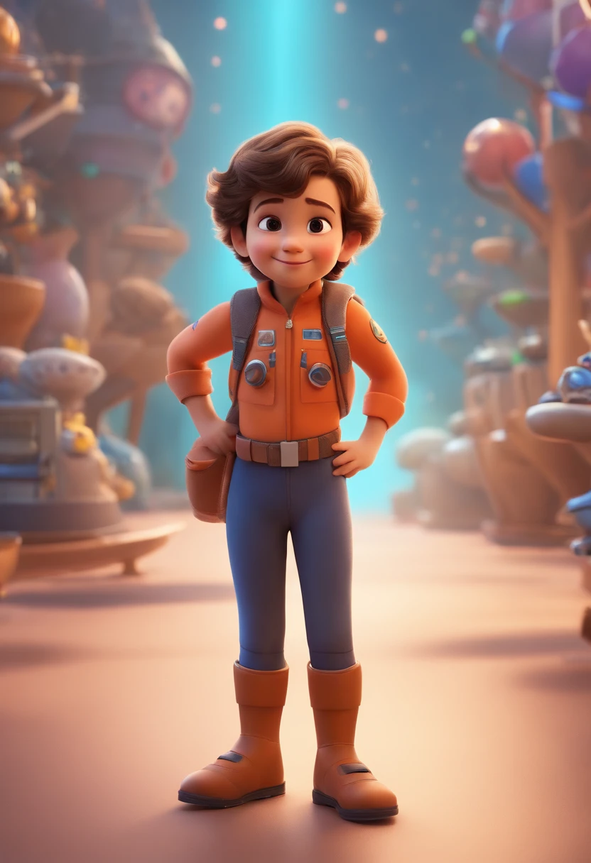 a happy cute standing short hair, vestindo uma fantasia espacial, , fundo branco, barnet, Tom, Estilo Pixar, ....3d, desenhos animados, rosto detalhado, asymmetrical 16k