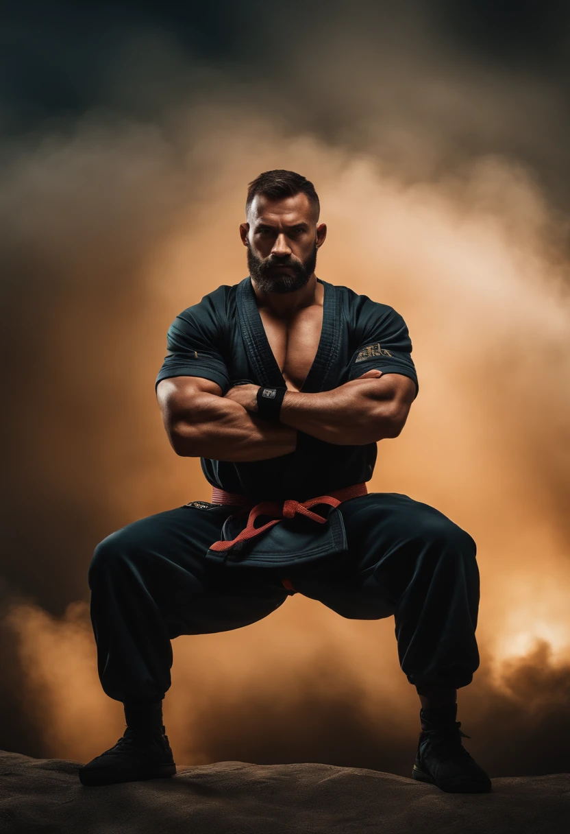 homem em frente a uma gigantesca montanha ao fundo, with arms crossed, Man in combat position, Quimono de jiu-jitsu, 8k, hyper realista, detalhado.