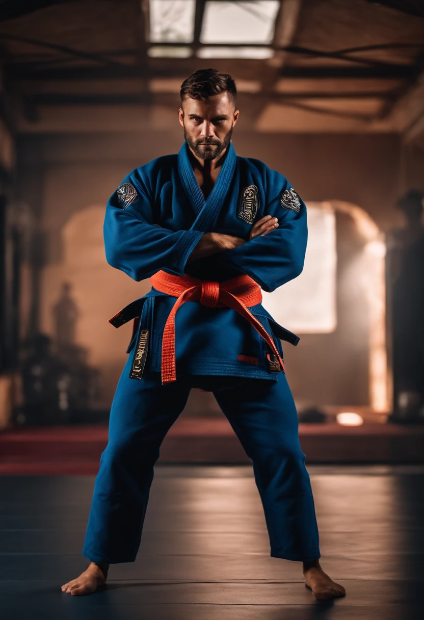 homem em frente a uma gigantesca montanha ao fundo, with arms crossed, Man in combat position, Quimono de jiu-jitsu, 8k, hyper realista, detalhado.