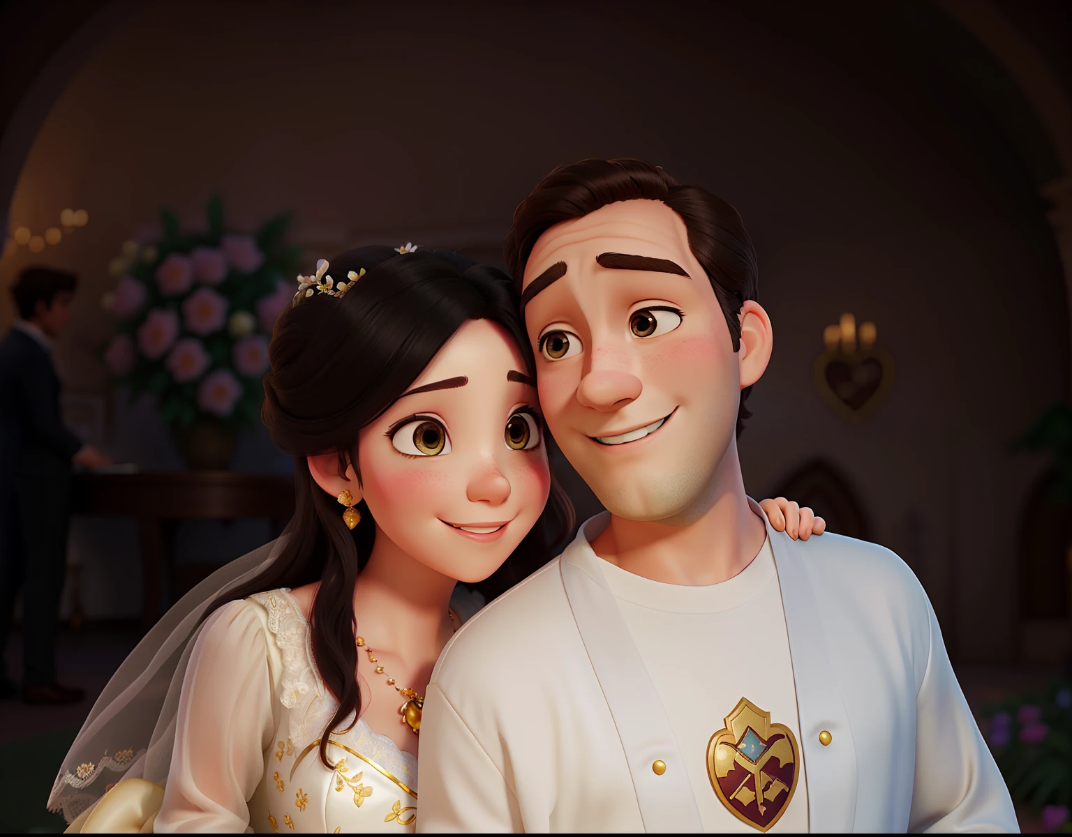 A happy couple in a Disney-like love movie, (best quality, real 4k resolution), (romantic, dreamy:1.1), (vibrant colors:1.1), (soft lighting:1.1), embracing passionately, with love radiating from their eyes, enchanting smiles, and gentle touch. The scene is set in a beautiful garden with blooming flowers and lush greenery. The couple is dressed elegantly, the woman wearing a flowing gown and the man in a tailored suit. They are surrounded by an air of magic and romance, as if they stepped into a fairytale. The artwork should have a soft and dreamy atmosphere, resembling an illustration from a storybook, with meticulous attention to detail in their facial features, particularly their eyes, lips, and the tenderness in their expressions. The overall image should evoke a sense of joy, love, and everlasting happiness, capturing the essence of a magical Disney love story.