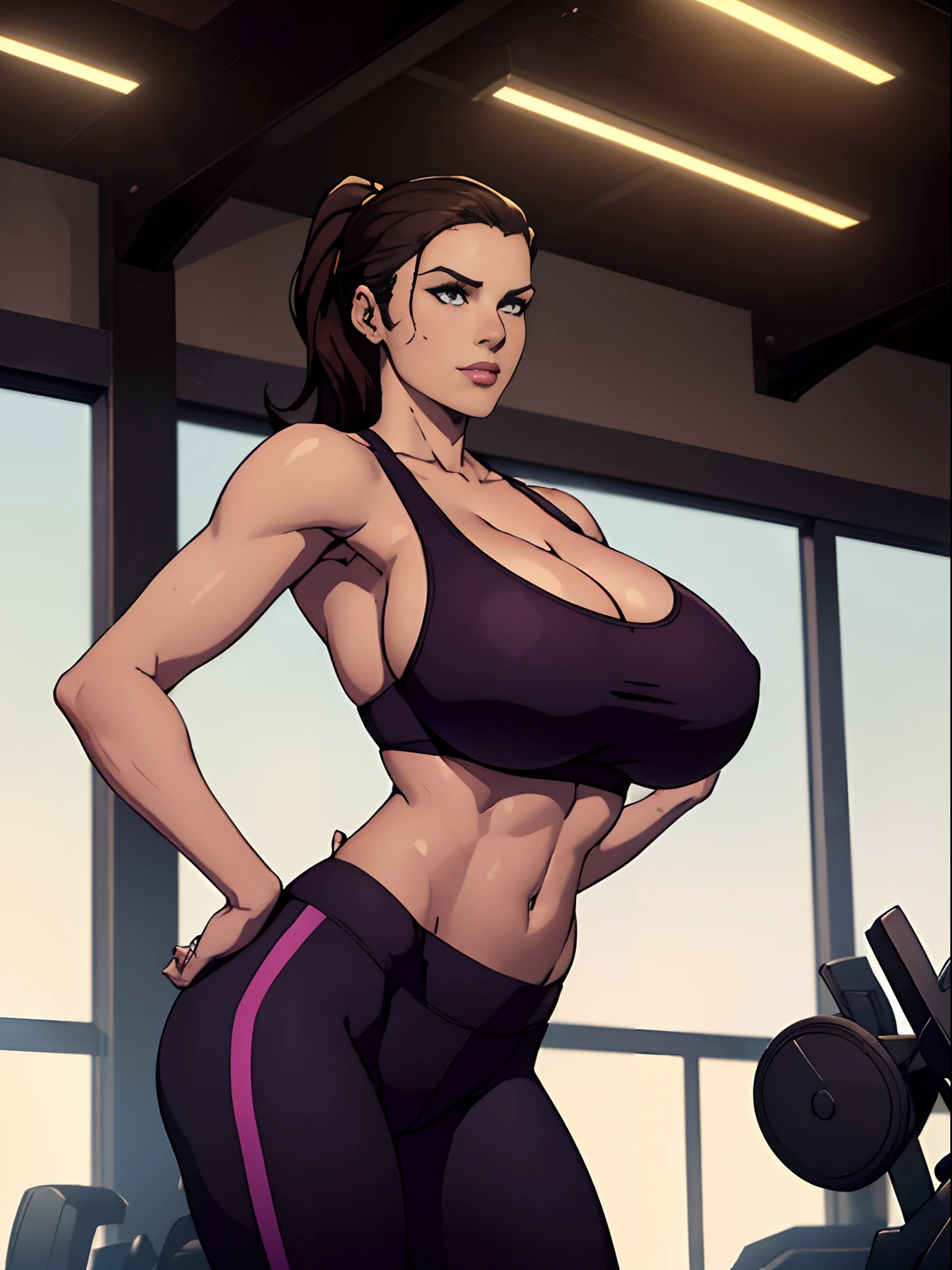 (masterpiece, top quality, best quality, official art, beautiful and aesthetic:1.2), (1girl:1.3), (gorgeous face), light freckles, fair skin, brown hair, extremely detailed, portrait, looking at viewer, solo, (full body:0.6), detailed background, close up, (airy modern theme:1.1), extremely busty gym girl, ponytail, big lips, arched back, flexing, charlatan, smirk, mysterious, standing in the gym, sports bra, leggings, headphones, wet, workout gear, weight machines, windows, modern gym, well-lit, thin and toned physique, ((((gigantic breasts, cleavage, skindentation)))), slim waist, slim hips, long legs, modern (gym interior:1.1) background, dark mysterious lighting, shadows, magical atmosphere, dutch angle,