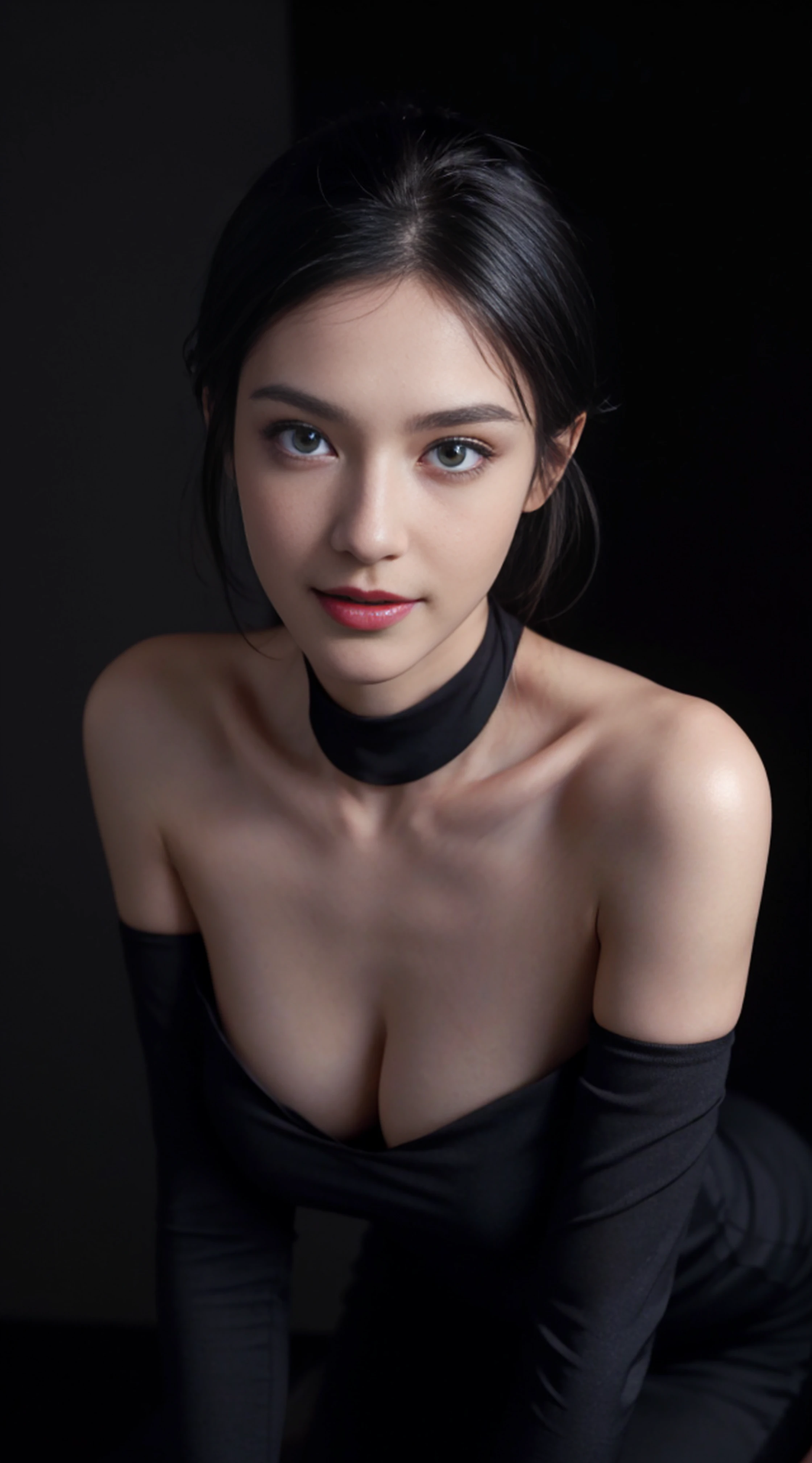 8K, Top Quality, Intricate Details, Ultra Detail, Ultra High Resolution, Masterpiece, random angle, Slender, Smile, (Makeup: 0.4), (Fluffy Blue Eyes: 1.21), blue Eyes, looking at viewer, ((full body)), 1girl, solo, 1 girl, (( full body)), close up shot, , ((tall)), (((fit body))), (((slim face))), sharp face, sharp eyes, (( black hair, )) (detailed face), sharp face, small lips,
((open dress)), detailed face, detailed breast, , large breast, detail ass, , Beautiful girl with accentuated slender abs: 1.4, Six Pack Abs: 1.4, Bust Botox, Big, Perfect Body, detail leg, (( dark background)), black background,