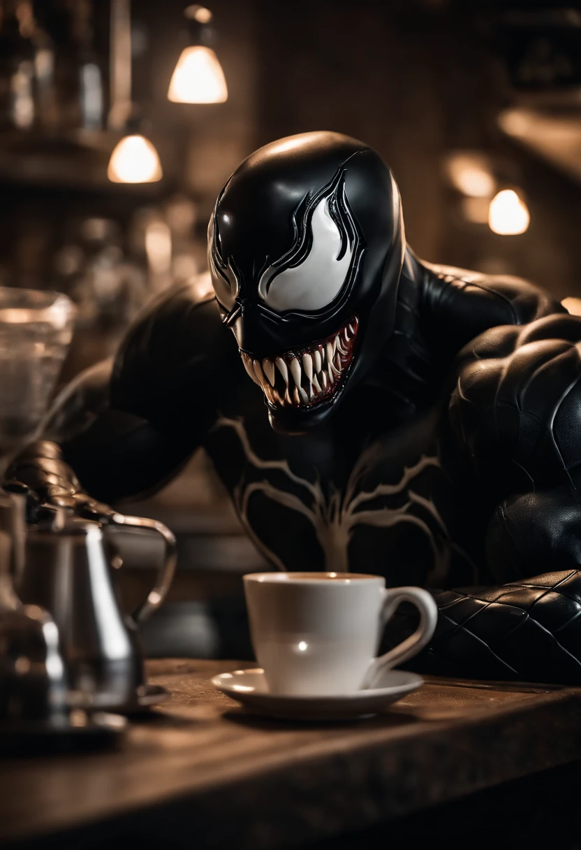 Venom working as a barista, serving coffee, hyper detail, crystal clear image