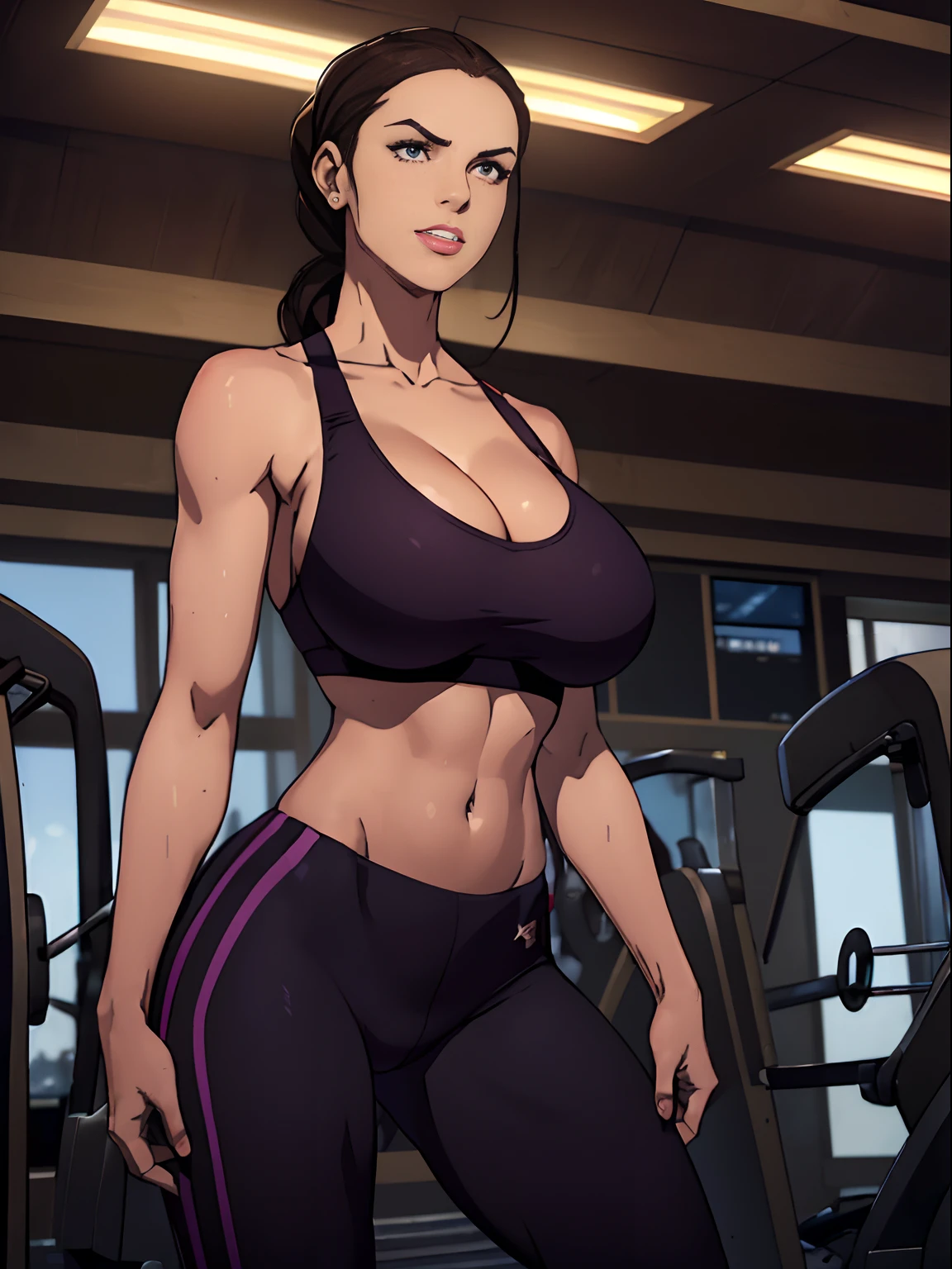 (masterpiece, top quality, best quality, official art, beautiful and aesthetic:1.2), (1girl:1.3), (gorgeous face), light freckles, fair skin, brown hair, extremely detailed, portrait, looking at viewer, solo, (full body:0.6), detailed background, close up, (airy modern theme:1.1), extremely busty gym girl, ponytail, big lips, arched back, flexing, charlatan, smirk, mysterious, standing in the gym, sports bra, leggings, headphones, wet, workout gear, weight machines, windows, modern gym, well-lit, thin and toned physique, ((((gigantic breasts, cleavage, skindentation)))), slim waist, slim hips, long legs, modern (gym interior:1.1) background, dark mysterious lighting, shadows, magical atmosphere, dutch angle,