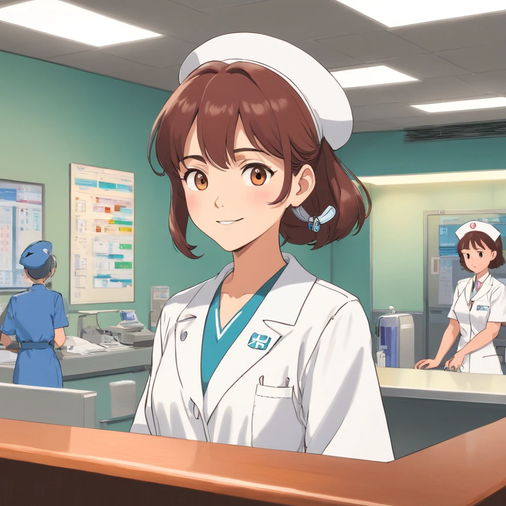 Woman in a cardigan in a nurse's uniform,Young Face,Stand at the reception desk of the hospital,to close range,With a smile,Faraway view,Studio Ghibli
