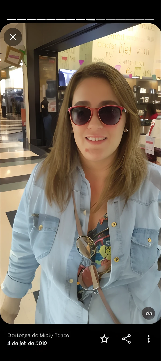 Woman wearing sunglasses and a denim shirt standing in a shopping mall, em um shopping, aparecer em um shopping center, with sun glasses, em um shopping, mid 2 0's female, imagem de perfil, 3 0 anos de idade mulher, Mulher de 30 anos, cerca de 3 5 anos, with sunglasses, foto do perfil, foto de perfil, wearing red tainted glasses