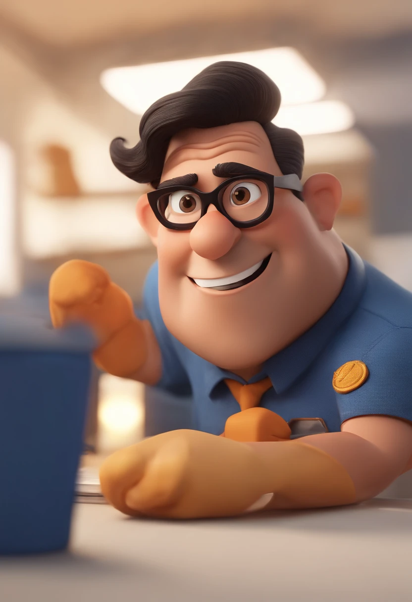 Cartoon character of a man wearing black glasses and a blue shirt, um personagem animado, Caractere estilizado, animation style rendering, 3D estilizado, Arnold Maya render, 3 d render stylized, toon render keyshot, Personagem 3D, Personagem 3D, 3d rendering stylized, 3 d character render, personagem de desenho animado, Personagem de close up, Pose de personagem, (Estilo Pixar) (master part:1.2) (Bokeh) (best quality) (pele detalhada) (textura detalhada) (8k) (argila) (Cinematic lighting) (foco nítido,Senta e vaza a parte superior do corpo