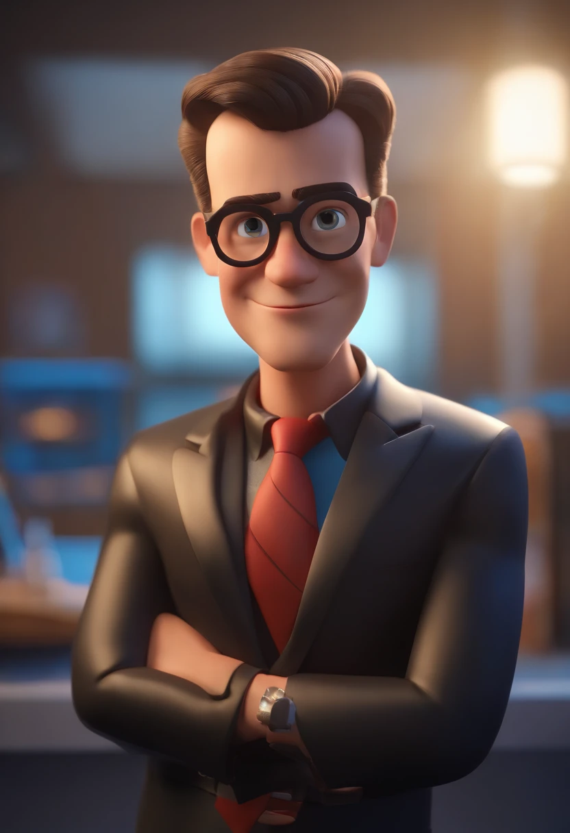 Cartoon character of a man wearing black glasses and a blue shirt, um personagem animado, Caractere estilizado, animation style rendering, 3D estilizado, Arnold Maya render, 3 d render stylized, toon render keyshot, Personagem 3D, Personagem 3D, 3d rendering stylized, 3 d character render, personagem de desenho animado, Personagem de close up, Pose de personagem, (Estilo Pixar) (master part:1.2) (Bokeh) (best quality) (pele detalhada) (textura detalhada) (8k) (argila) (Cinematic lighting) (foco nítido,Senta e vaza a parte superior do corpo
