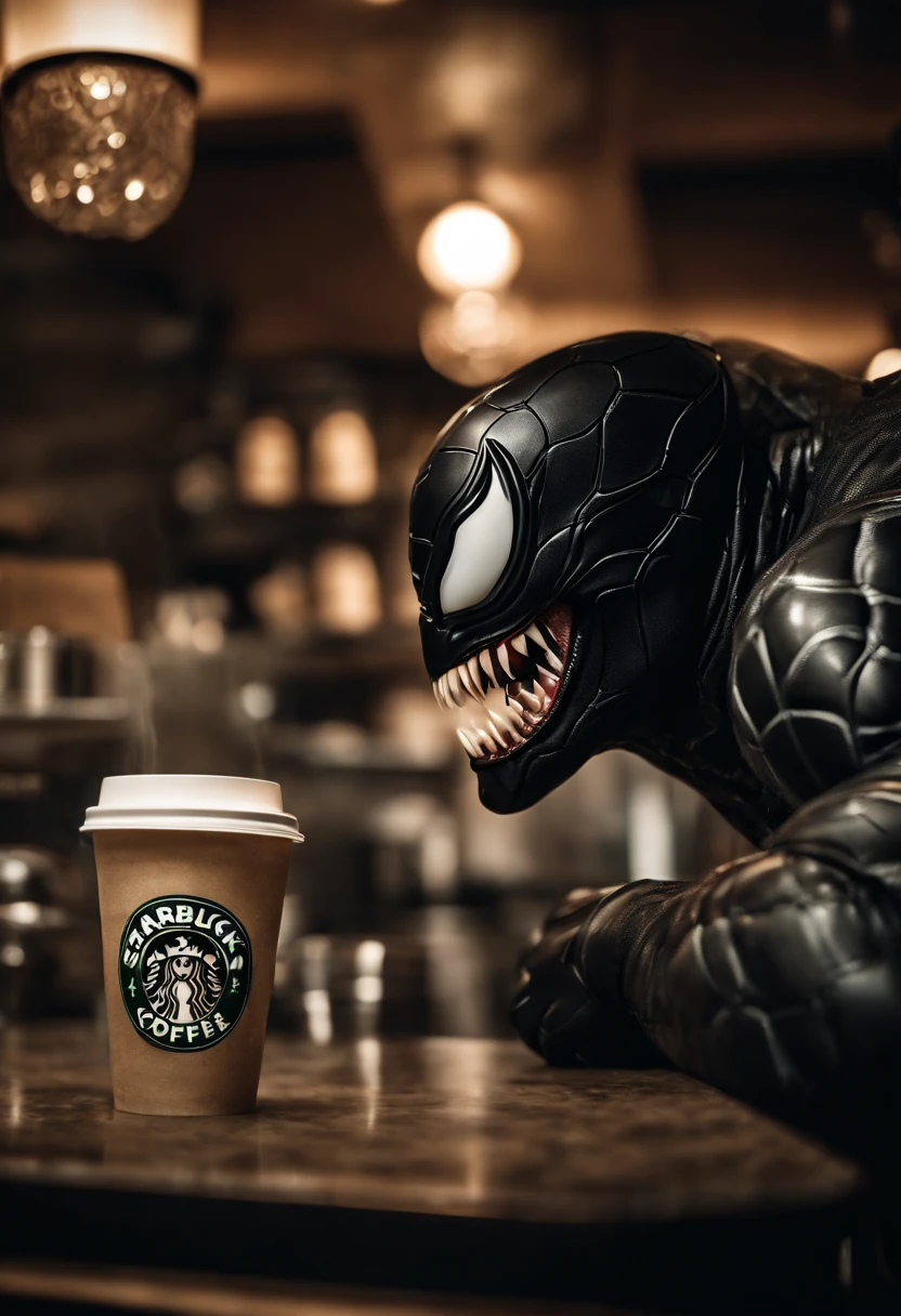 Venom working at Starbucks as a barista, serving coffee, hyper detail, crystal clear image, Intricate Detail
