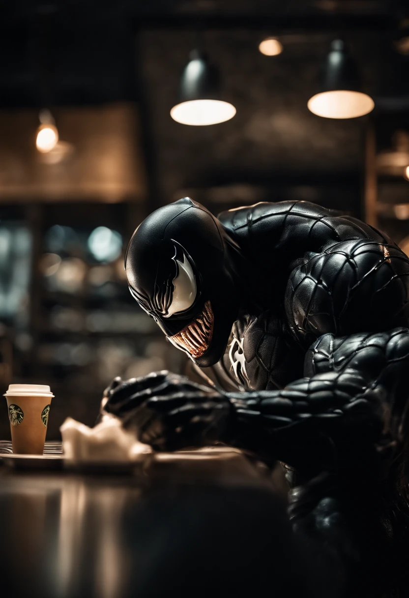 Venom working at Starbucks as a barista, serving coffee, hyper detail, crystal clear image, Intricate Detail