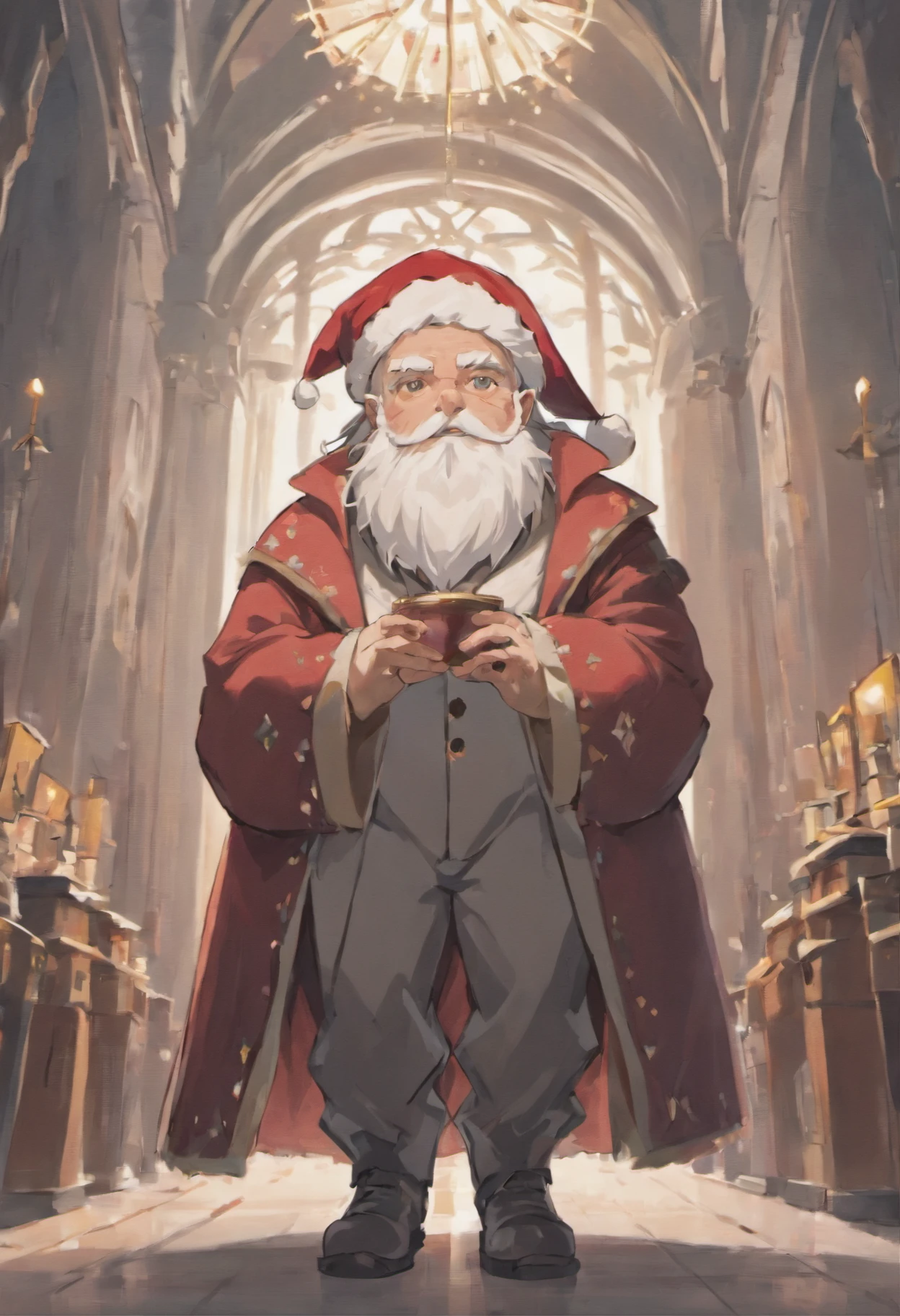 Create an older Christmas elf with a long red hat with white polka dots, a long gray beard, gray felt coat, white and gray striped pants, boots and red gloves. Because he is small and chubby, his hat hides his eyes, leaving only his round nose showing. coat without hat, without showing your eyes, disney style