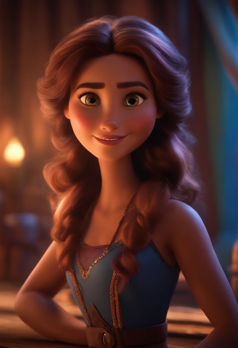 Imagem estilo Pixar com personagem 3D mulher morena cabelo cacheado longo, Maquiagem Disney, bonitinho, sorridente ,Close-up, Pixar, Disney, Cinema lighting,