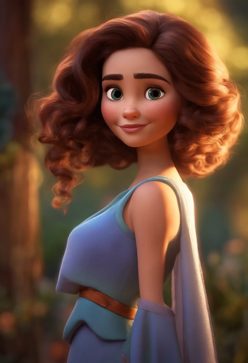 Imagem estilo Pixar com personagem 3D mulher morena cabelo cacheado longo, Maquiagem Disney, bonitinho, sorridente ,Close-up, Pixar, Disney, Cinema lighting,