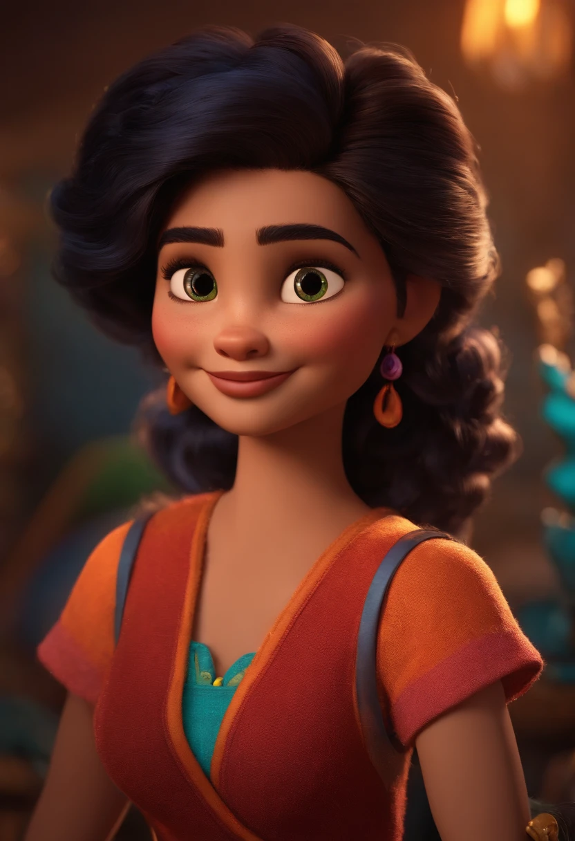 Imagem estilo Pixar com personagem 3D mulher morena cabelo cacheado longo, Maquiagem Disney, bonitinho, sorridente ,Close-up, Pixar, Disney, Cinema lighting,