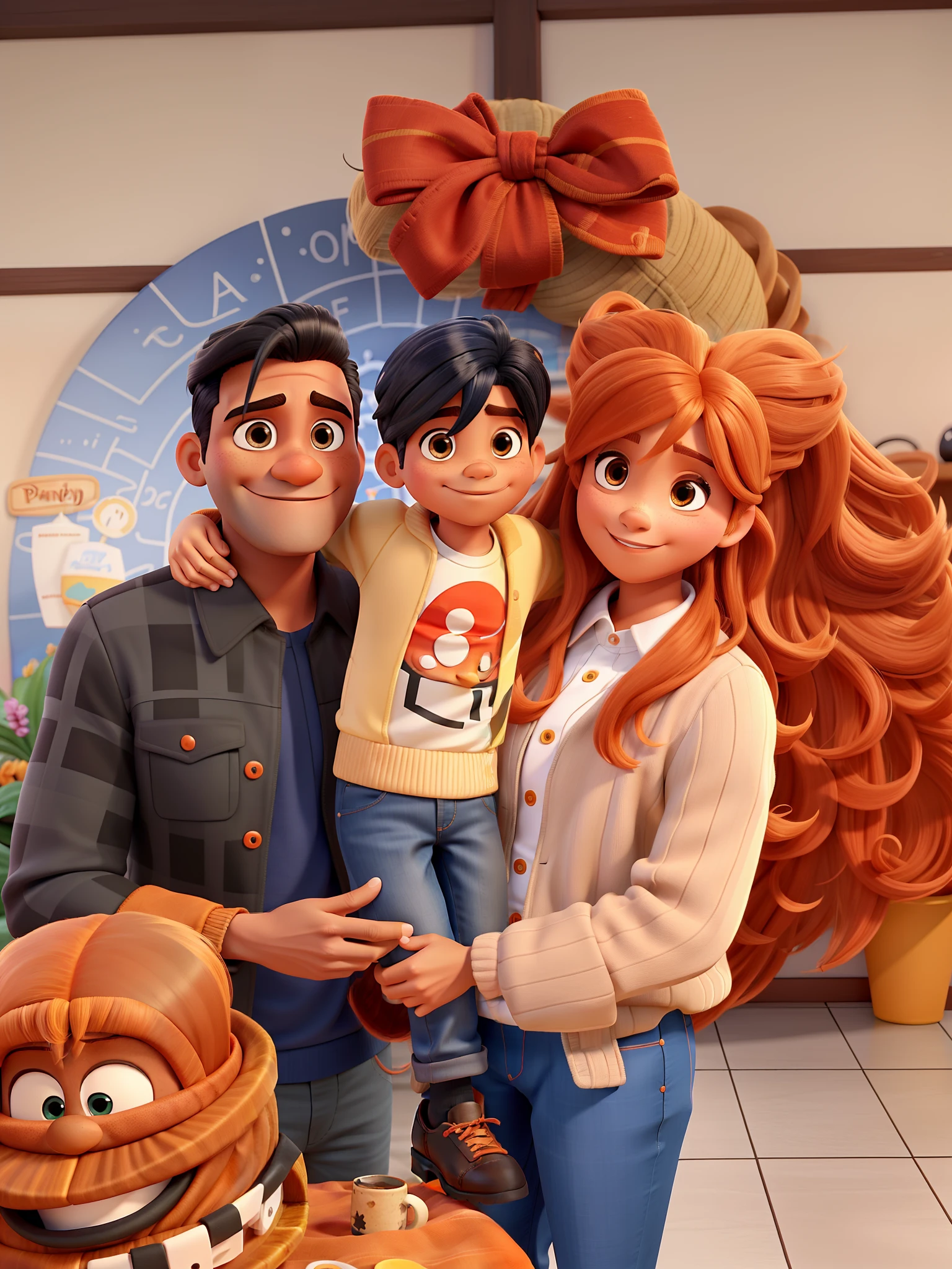 Papai cabelo preto, barba e jaqueta camuflada, Mommy Long Orange Straight Hair, menino cabelo pequeno, Disney pixar | |