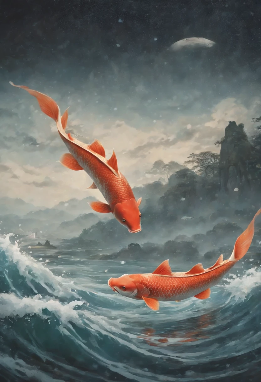 ukiyoe painting,  Flying carp、Dharma、vague、fox、von gogh