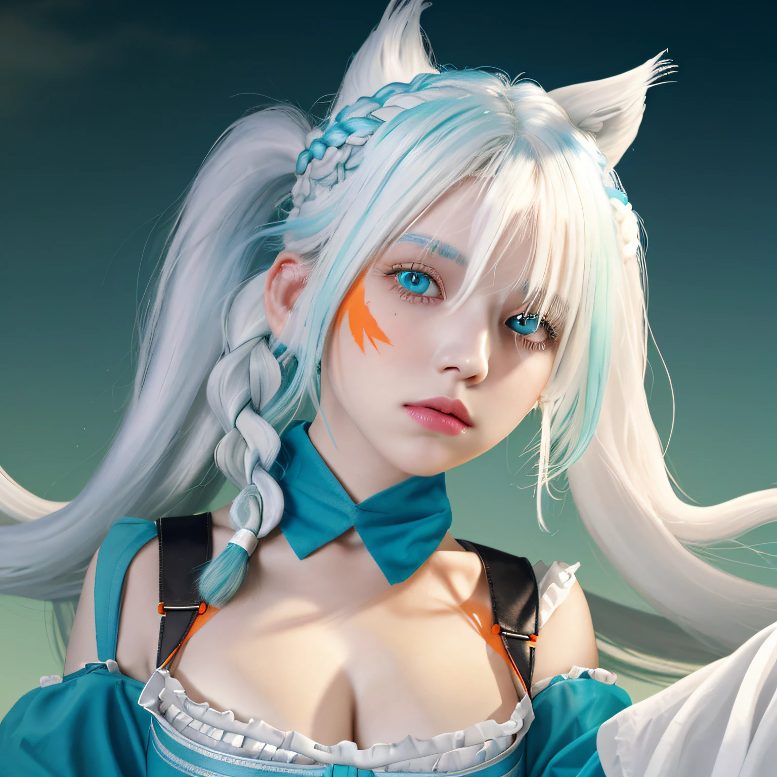 1girl, orange sleeves, white hair, white skin, light blue hair ornament, blue suspenders, blue clothes, light green eyes, bare feet, double braids