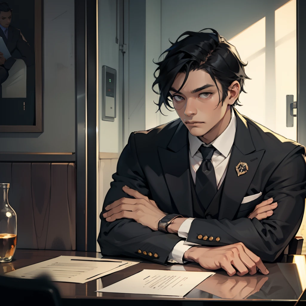 Man dressed in suit, thoughtful look of black hair, sitting within a meter of tokio