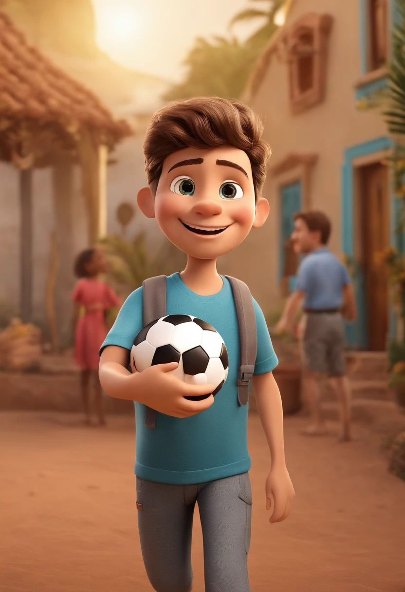 Eu gostaria de um poster man de filme 3D da Disney Pixar, Branco, 38 anos, sem barba, cabelo castanho claro de corte baixo arrepiado, olhos pequenos, sorridente, com nariz tipo italiano, com camisa branca sem gravata, brasileiro, humilde , tirar uma selfie. This man is close to a family,1 ,
and the mother, and the child must have a soccer ball. Everyone is happy and smiling. Contra o pano de fundo dac praia de Guriri - ES, natural lighting, Um dia limpo e ensolarado, with a happy population.