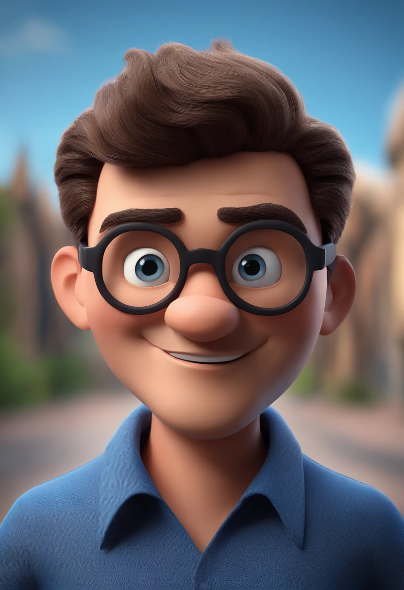 Cartoon character of a man with black glasses and a blue shirt, animation character, Caractere estilizado, animation style rendering, 3D estilizado, Arnold Maya render, 3 d render stylized, toon render keyshot, Personagem 3D, Personagem 3D, 3d rendering stylized, 3 d character render, personagem de desenho animado, Personagem de close up, Pose de personagem,  (Estilo Pixar) (master part:1.2) (Bokeh) (best quality) (pele detalhada) (textura detalhada) (8k) (argila) (Cinematic lighting) (foco nítido