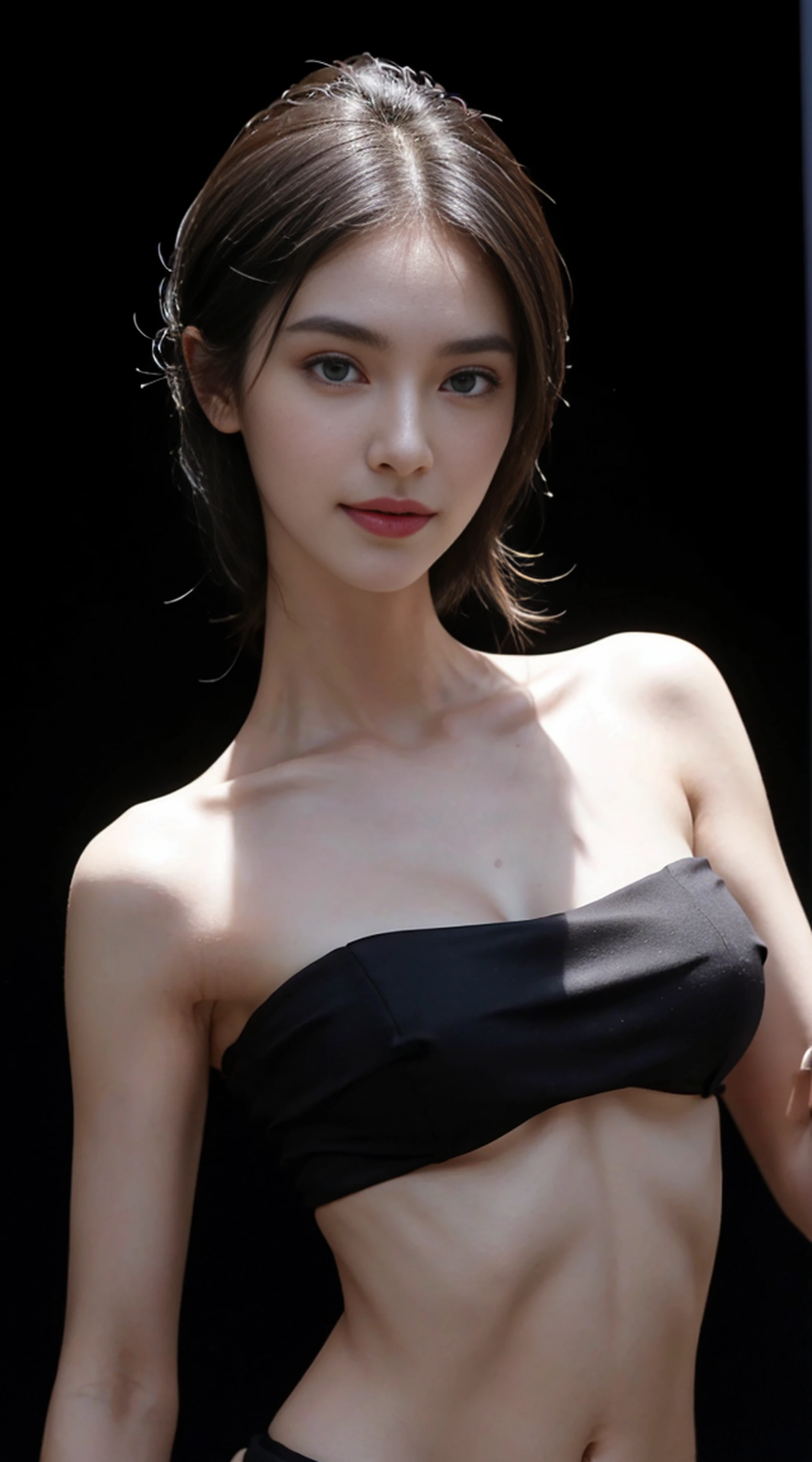 8K, Top Quality, Intricate Details, Ultra Detail, Ultra High Resolution, Masterpiece, random angle, Slender, Smile, (Makeup: 0.4), (Fluffy Blue Eyes: 1.21), blue Eyes, looking at viewer, ((full body)), 1girl, solo, 1 girl, (( full body)), close up shot, , ((tall)), (((fit body))), (((slim face))), sharp face, sharp eyes, (( black hair, )) (detailed face), sharp face, small lips,
((open Sarong)), detailed face, detailed breast, , large breast, detail ass, , Beautiful girl with accentuated slender abs: 1.4, Six Pack Abs: 1.4, Bust Botox, Big, Perfect Body, detail leg, (( dark background)), black background,