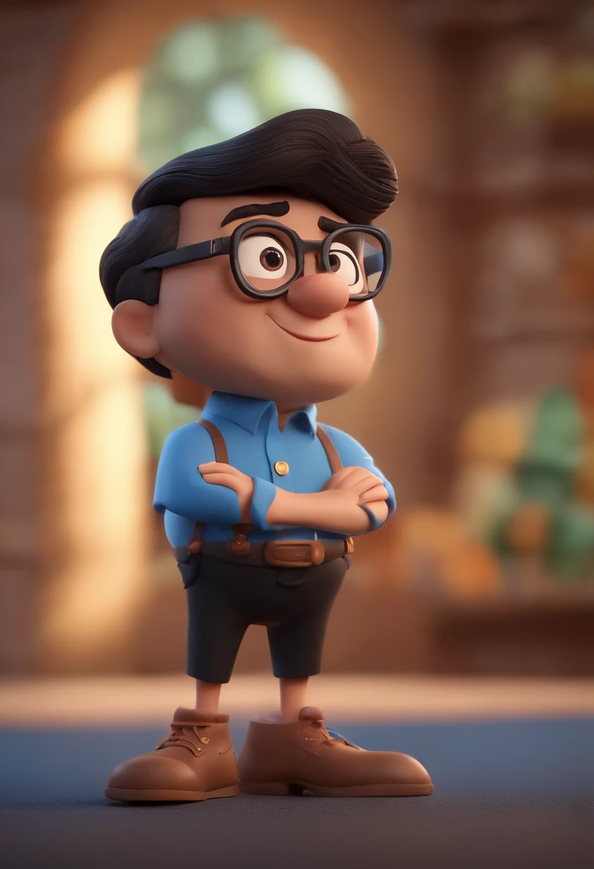 Cartoon character of a man wearing black glasses and a blue shirt, um personagem animado, Caractere estilizado, animation style rendering, 3D estilizado, Arnold Maya render, 3 d render stylized, toon render keyshot, Personagem 3D, Personagem 3D, 3d rendering stylized, 3 d character render, personagem de desenho animado, Personagem de close up, Pose de personagem, (Estilo Pixar) (master part:1.2) (Bokeh) (best quality) (pele detalhada) (textura detalhada) (8k) (argila) (Cinematic lighting) (foco nítido,Senta e vaza a parte superior do corpo