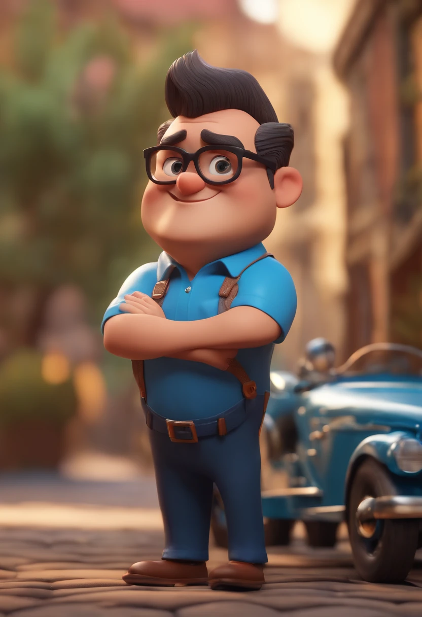 Cartoon character of a man wearing black glasses and a blue shirt, um personagem animado, Caractere estilizado, animation style rendering, 3D estilizado, Arnold Maya render, 3 d render stylized, toon render keyshot, Personagem 3D, Personagem 3D, 3d rendering stylized, 3 d character render, personagem de desenho animado, Personagem de close up, Pose de personagem, (Estilo Pixar) (master part:1.2) (Bokeh) (best quality) (pele detalhada) (textura detalhada) (8k) (argila) (Cinematic lighting) (foco nítido，Senta e vaza a parte superior do corpo