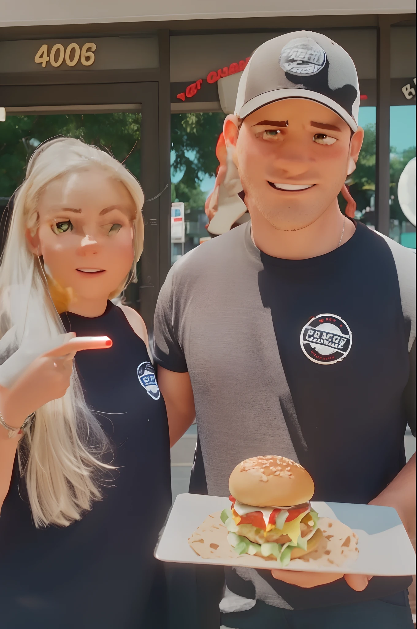 a movie poster by Disney Pixar spotting a white-skin couple. The man is the tallest, has a very short beard, black hair, covered by a black baseball cap with a round red and white logo in the middle. He is holding a burger. The wife has green eyes and blonde hair, a little longer than shoulder-lenght and is pointing at the burger. The background is a black and red burger restaurant. The name of the movie is Marco’s Top Burgers. 3d render